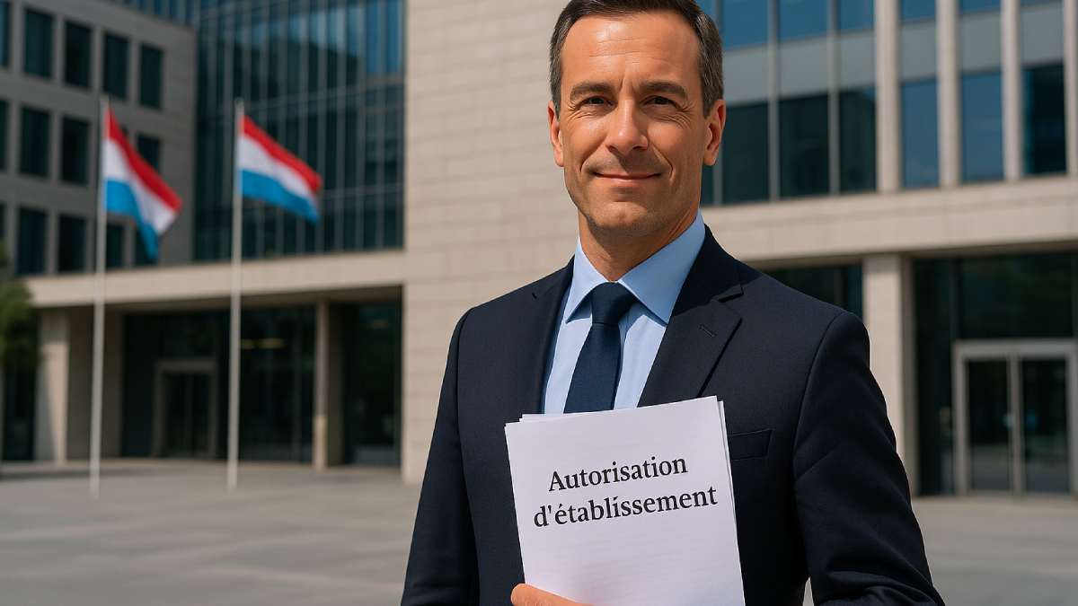 Entrepreneur avec documents devant bâtiment administratif au Luxembourg