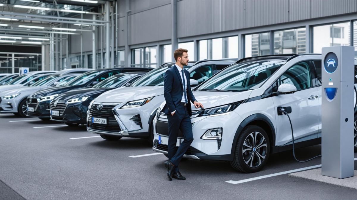 Un professionnel devant une flotte de voitures d’entreprise, mettant en avant un véhicule électrique en charge