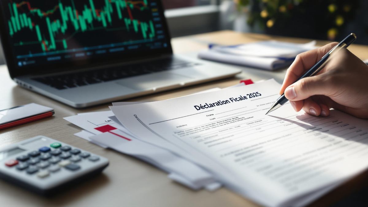 Formulaire de déclaration fiscale 2025 au Luxembourg posé sur un bureau avec un stylo, une calculatrice et un ordinateur affichant des graphiques financiers.