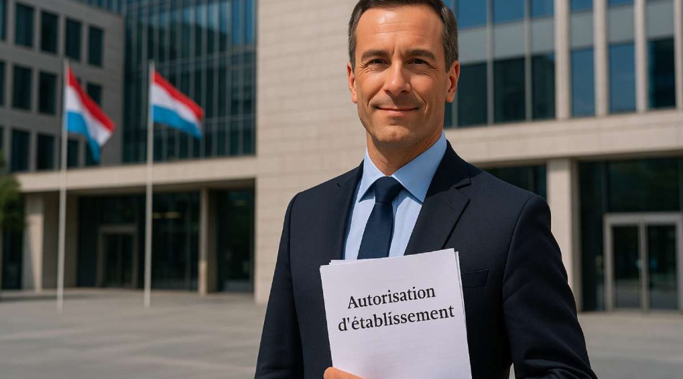 Entrepreneur avec documents devant bâtiment administratif au Luxembourg